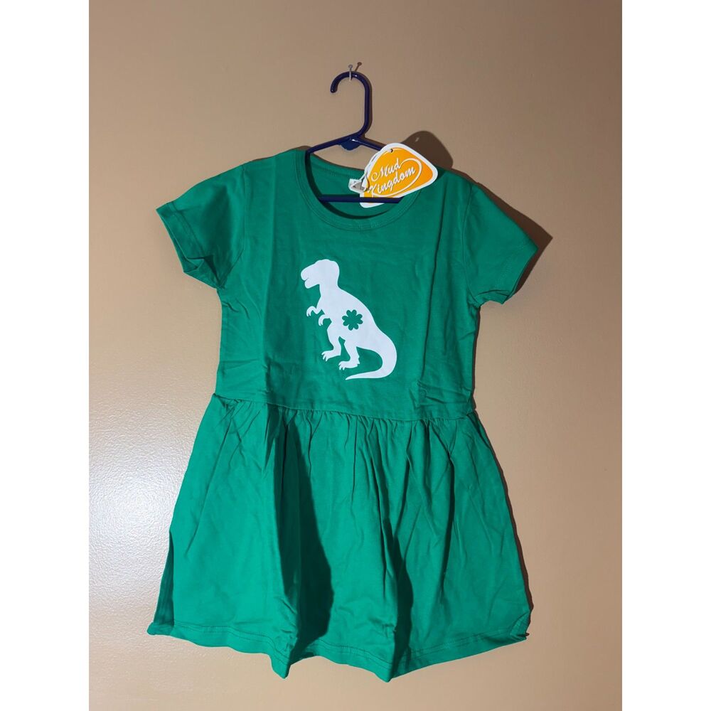 Girls Mud Kingdom Dinosaur Dress Green Shamrock Dino Size 6-7 NWT